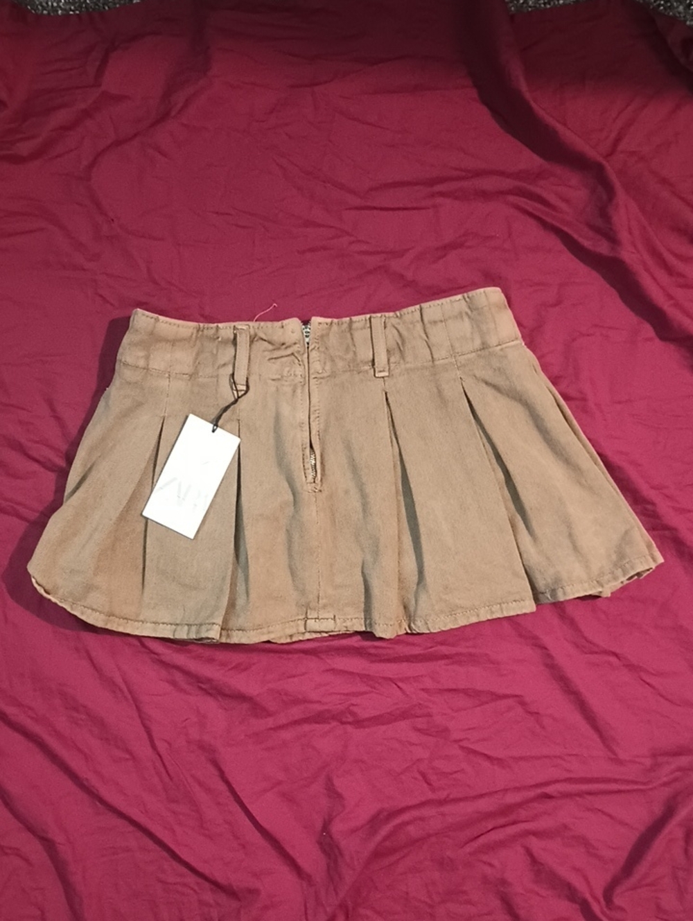 Zara Tan Jean Pleated Mini Skort Size Medium NWT Side Zipper